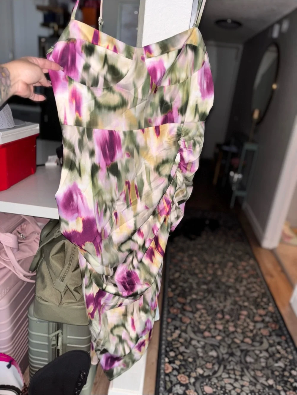 Cider Floral Asymmetrical Ruched Midi Skirt in Purple, Green, and Cream